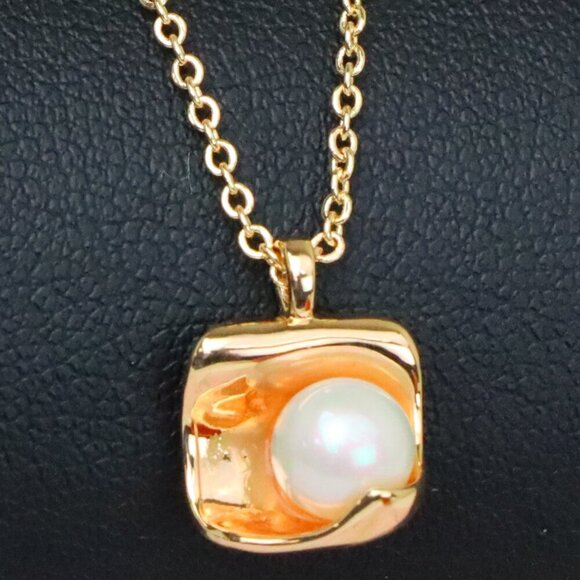 "Rose Gold Necklace with Modern Square Pendant and Pearl Accent, XPNL1885 - Picture 1 of 13